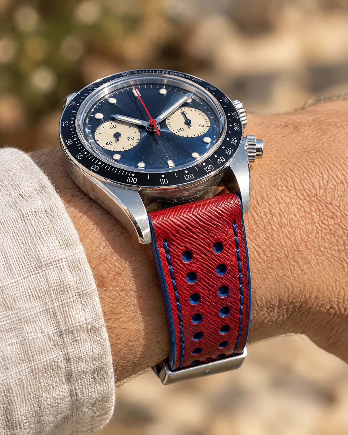 Red & Blue Rally Watch Strap – Handstitched Epsom Leather with Racing Holes