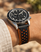 Black & Orange Rally Watch Strap – Handstitched Epsom Leather with Racing Holes