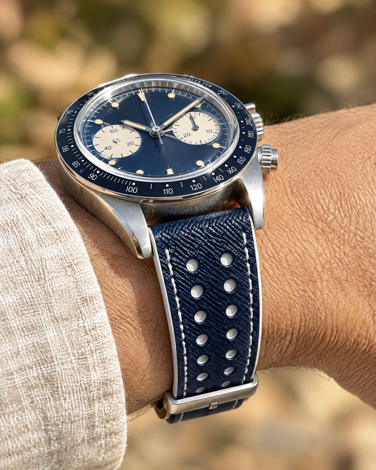 Navy & White Rally Watch Strap – Handstitched Epsom Leather with Racing Holes