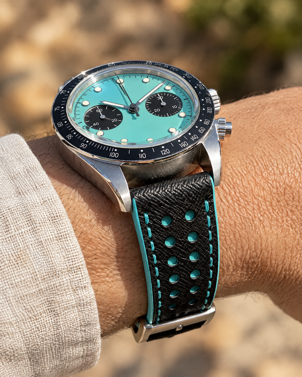 Black & Turquoise Rally Watch Strap – Handstitched Epsom Leather with Racing Holes