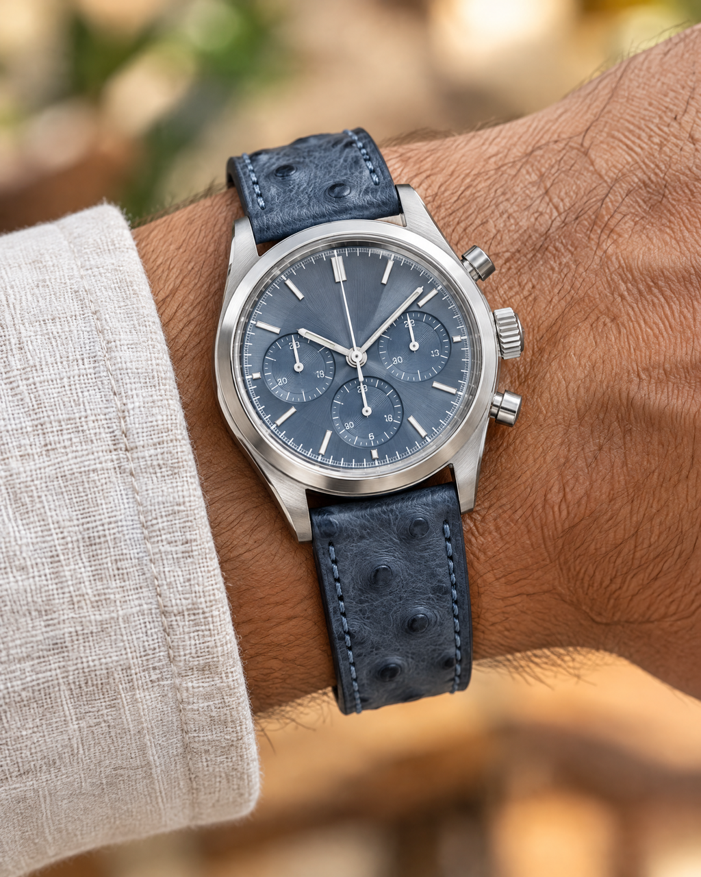Slate Blue Ostrich Leather Watch Strap – Handstitched