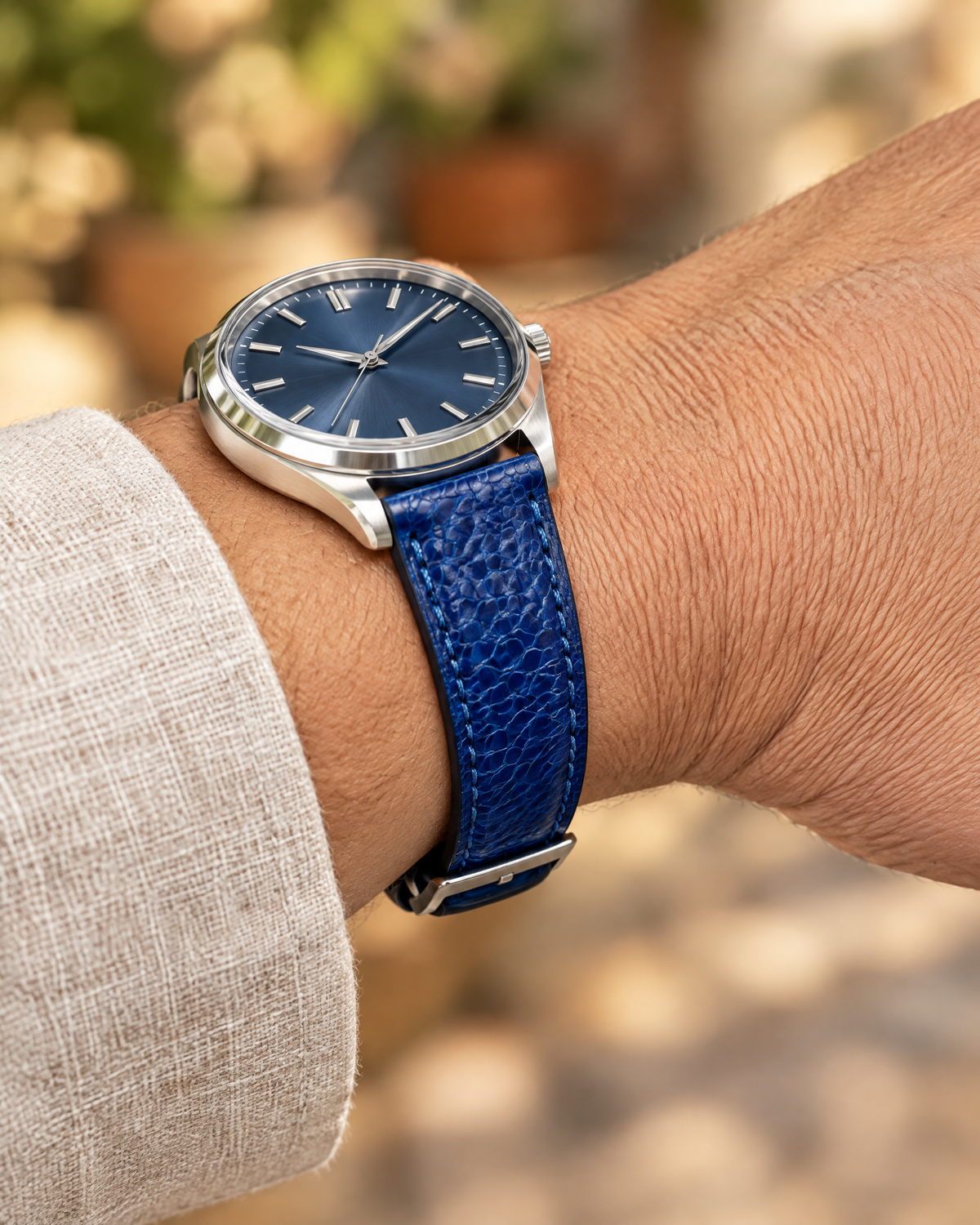Royal Blue Ostrich Leg Leather Watch Strap – Handstitched