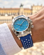 Blue & White Rally Watch Strap with White Keeper – Handstitched Epsom Leather with Racing Holes