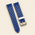Blue & White Rally Watch Strap with White Keeper – Handstitched Epsom Leather with Racing Holes