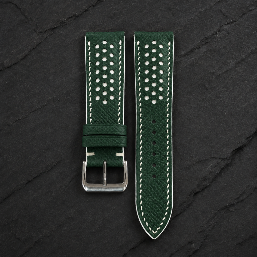 Hunter Green and White Racing Small Holes Rally Epsom Leather Watch Strap