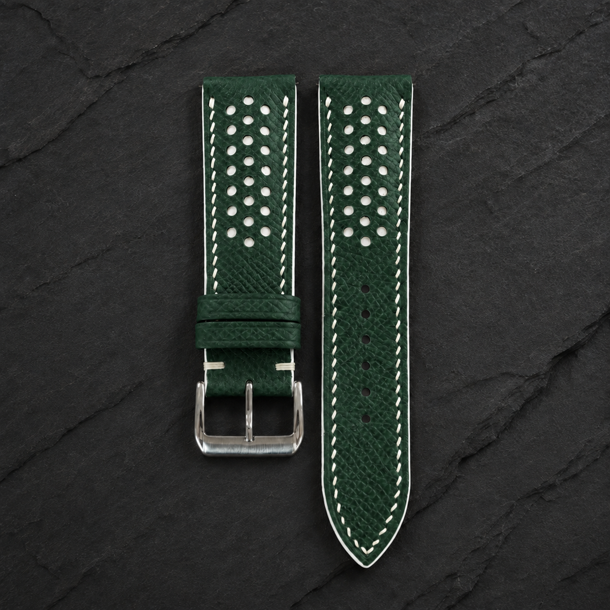 Hunter Green and White Racing Small Holes Rally Epsom Leather Watch Strap