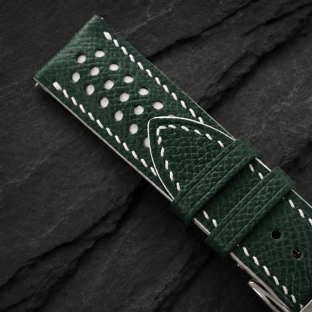 Hunter Green and White Racing Small Holes Rally Epsom Leather Watch Strap