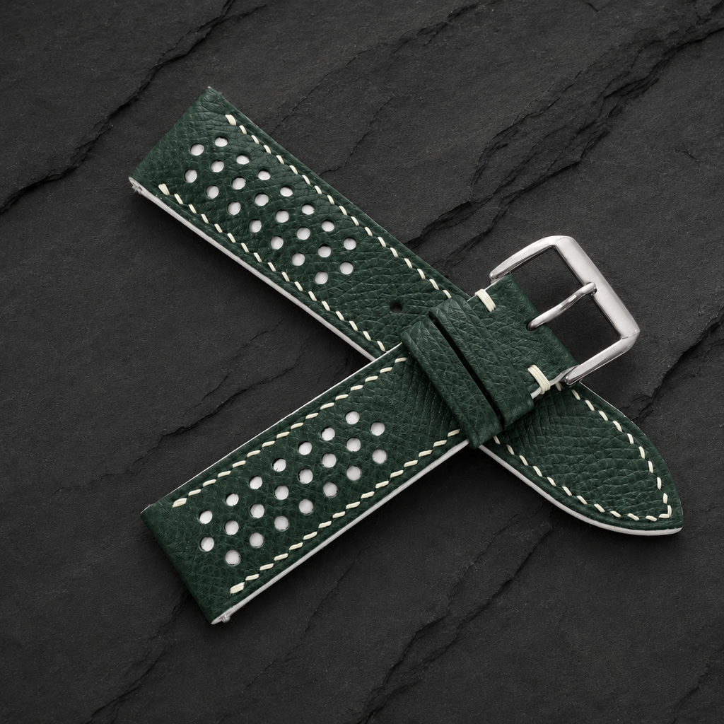 Hunter Green and White Racing Small Holes Rally Epsom Leather Watch Strap
