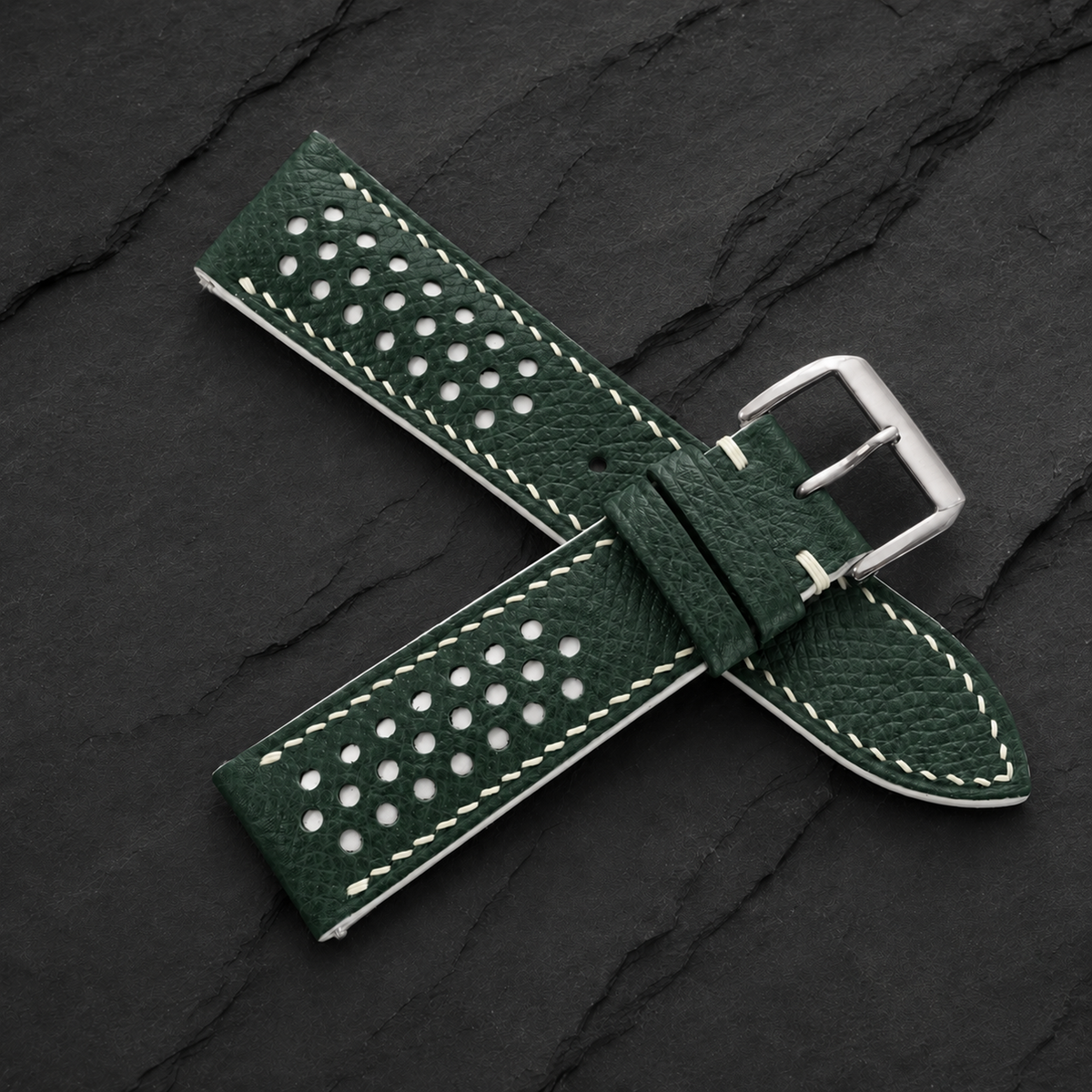Hunter Green and White Racing Small Holes Rally Epsom Leather Watch Strap