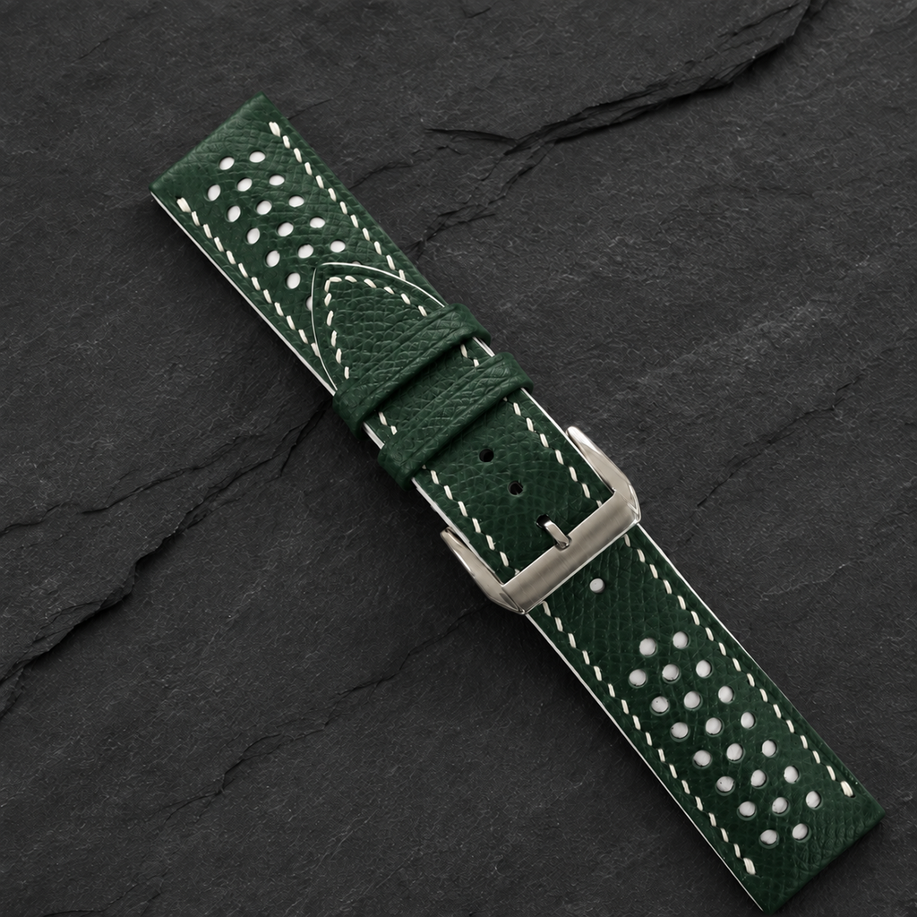 Hunter Green and White Racing Small Holes Rally Epsom Leather Watch Strap