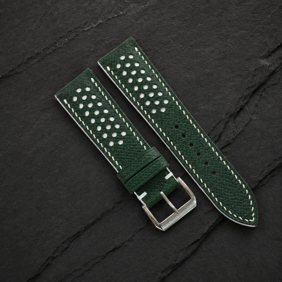 Hunter Green and White Racing Small Holes Rally Epsom Leather Watch Strap