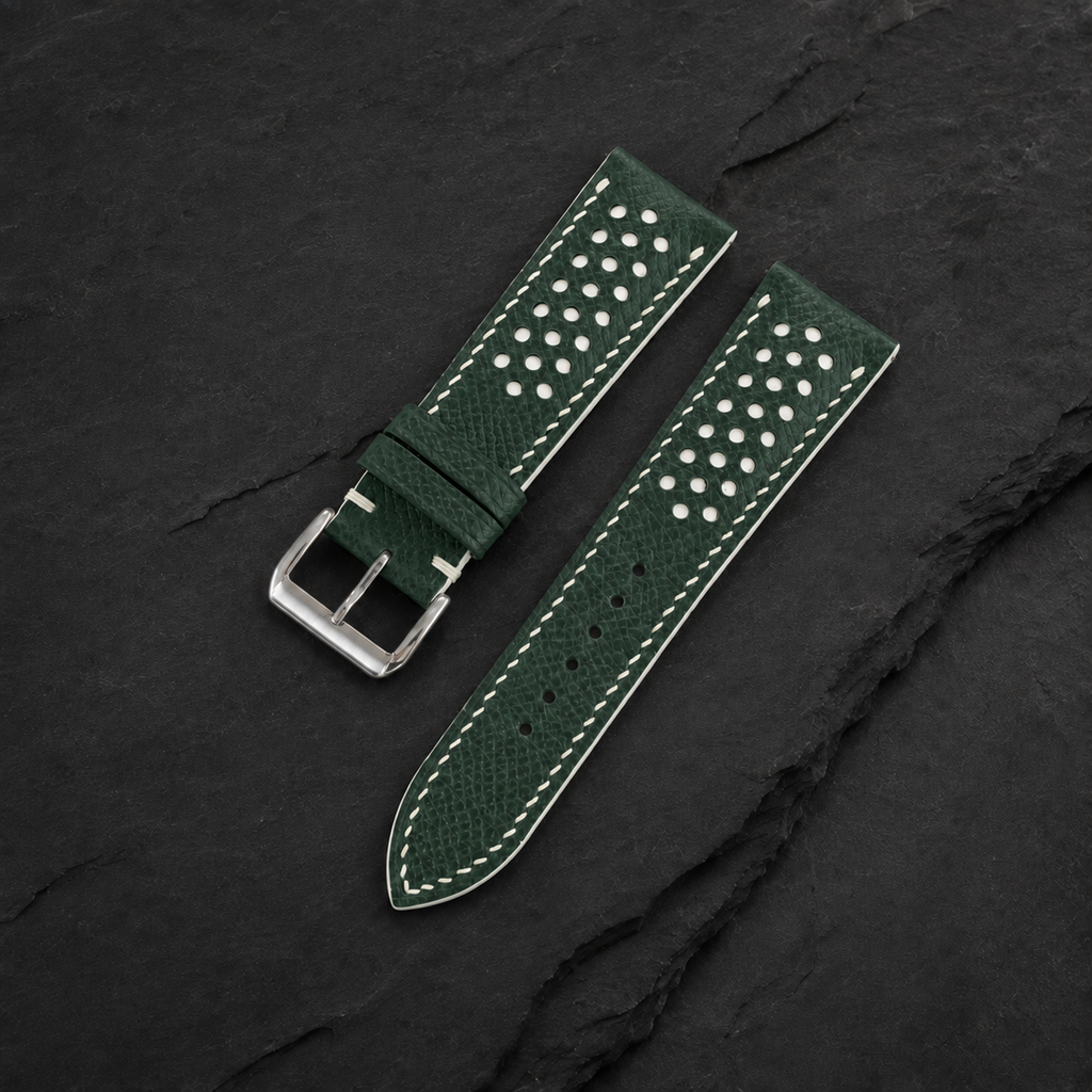 Hunter Green and White Racing Small Holes Rally Epsom Leather Watch Strap