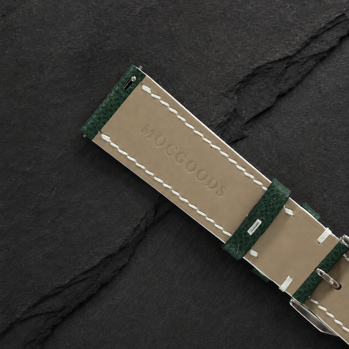 Hunter Green and White Racing Small Holes Rally Epsom Leather Watch Strap
