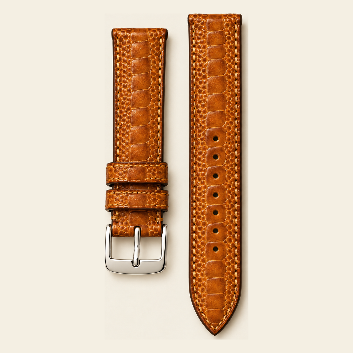 British tan ostrich leg leather watch strap with large central scales, long and short piece, silver buckle