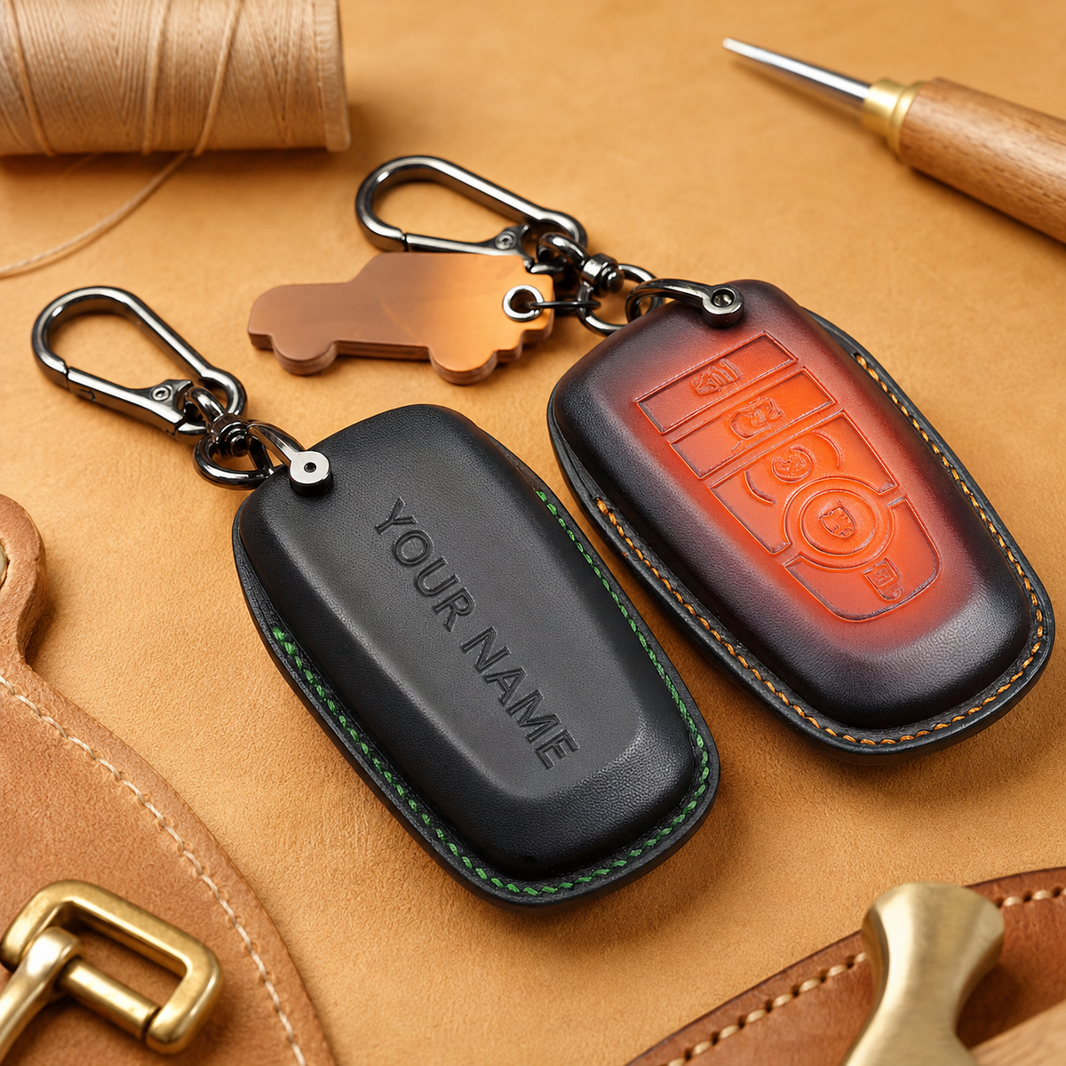 Custom Leather Key Fob Cover Compatible with Ford Mustang