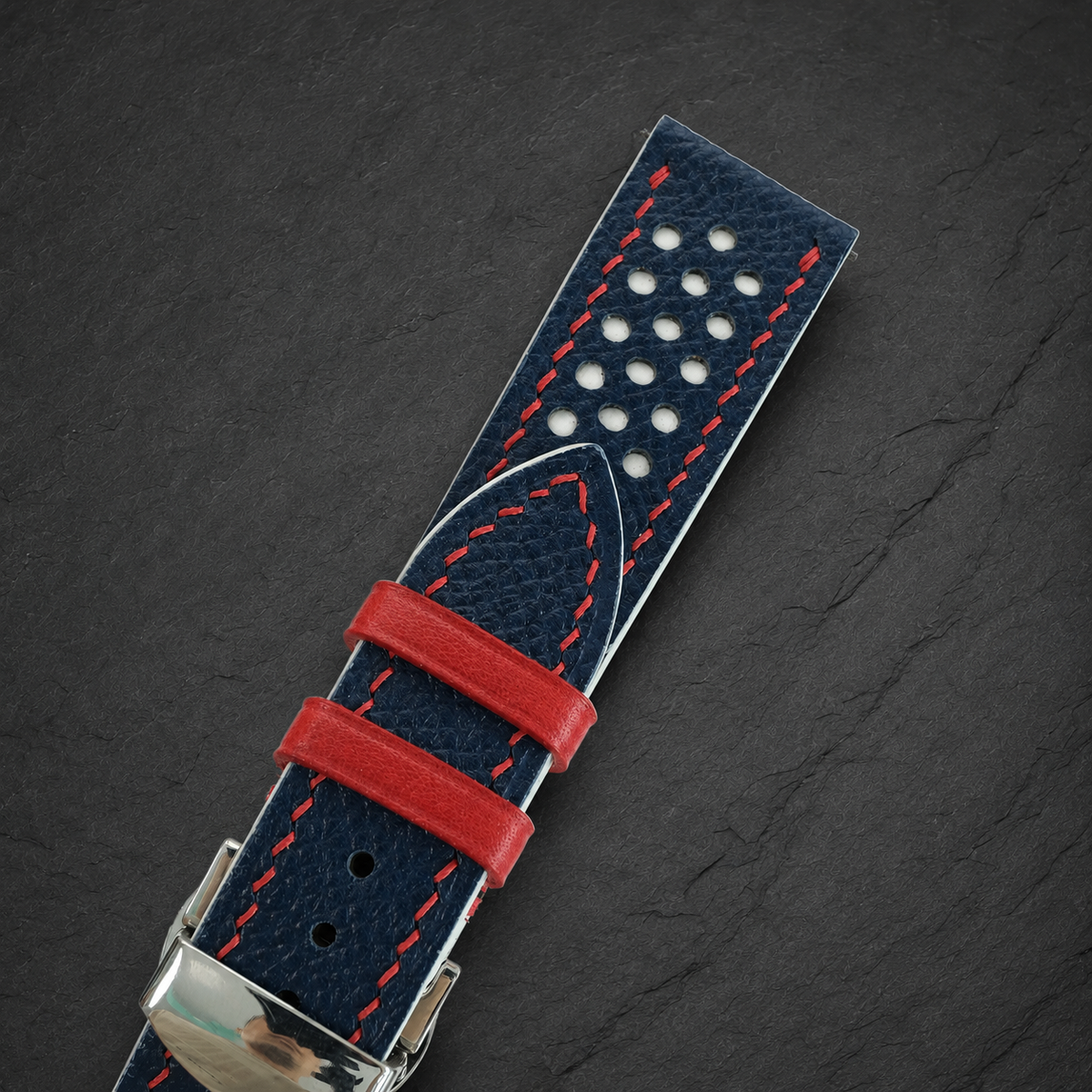 Navy and White Racing Epsom Leather Watch Strap