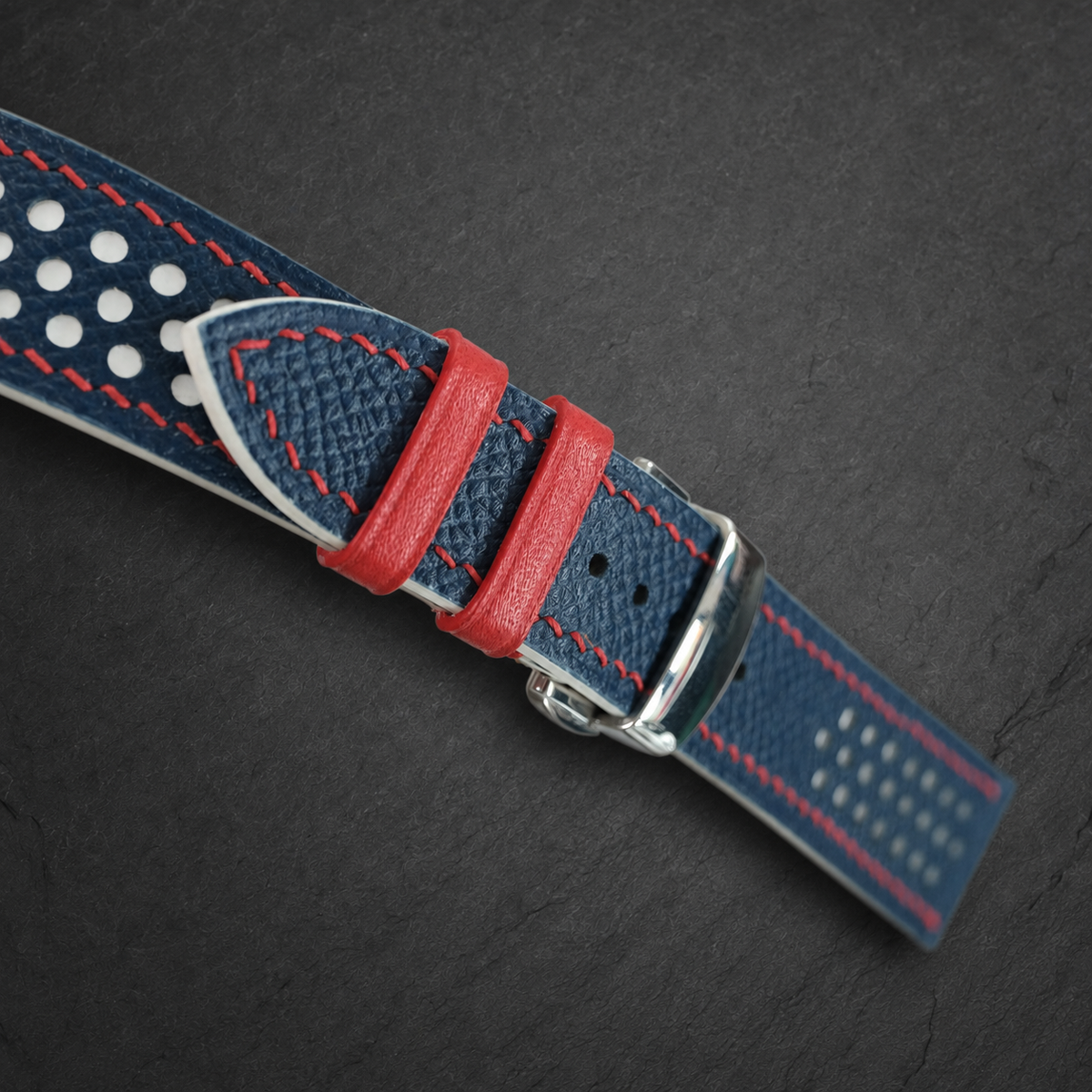 Navy and White Racing Epsom Leather Watch Strap