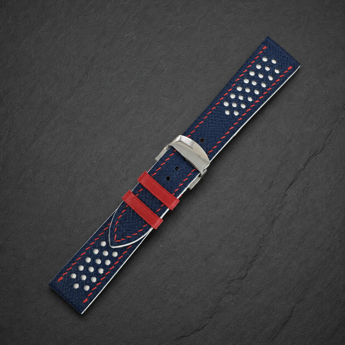 Navy and White Racing Epsom Leather Watch Strap
