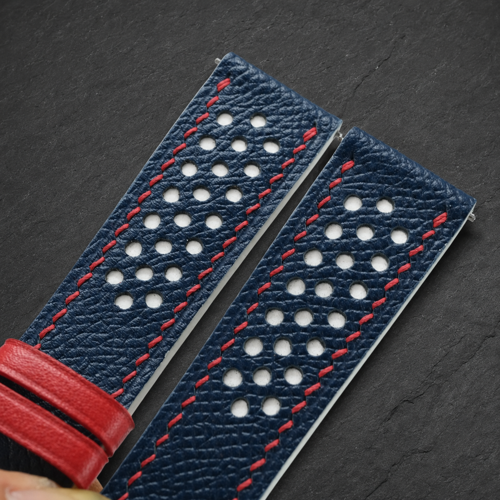 Navy and White Racing Epsom Leather Watch Strap