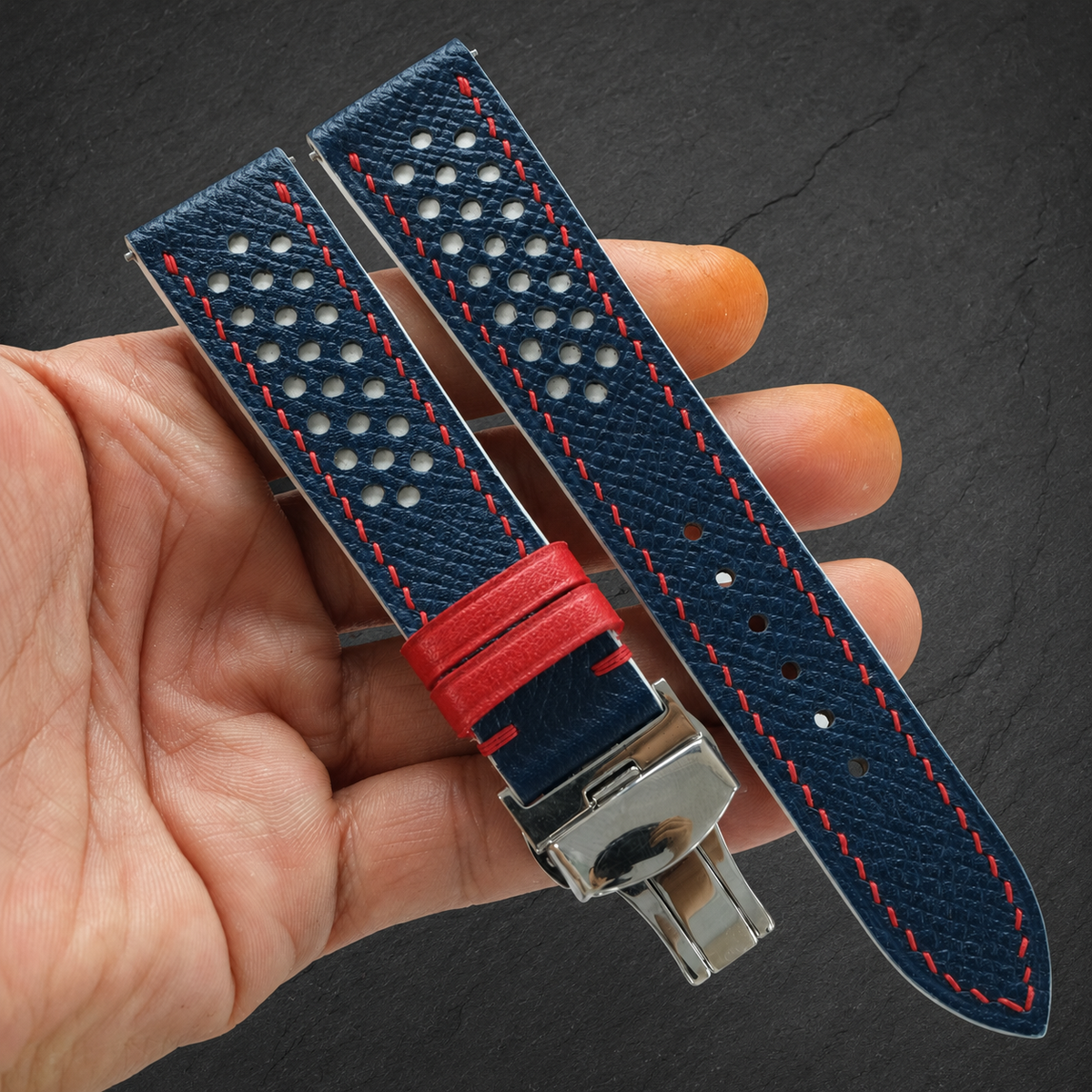 Navy and White Racing Epsom Leather Watch Strap