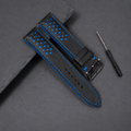 Padded Black Blue Racing Holes Rally Epsom Leather Watch Strap