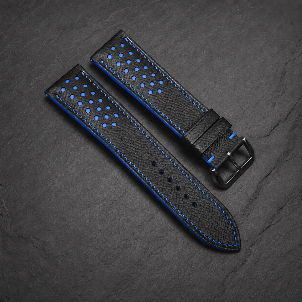 Padded Black Blue Racing Holes Rally Epsom Leather Watch Strap