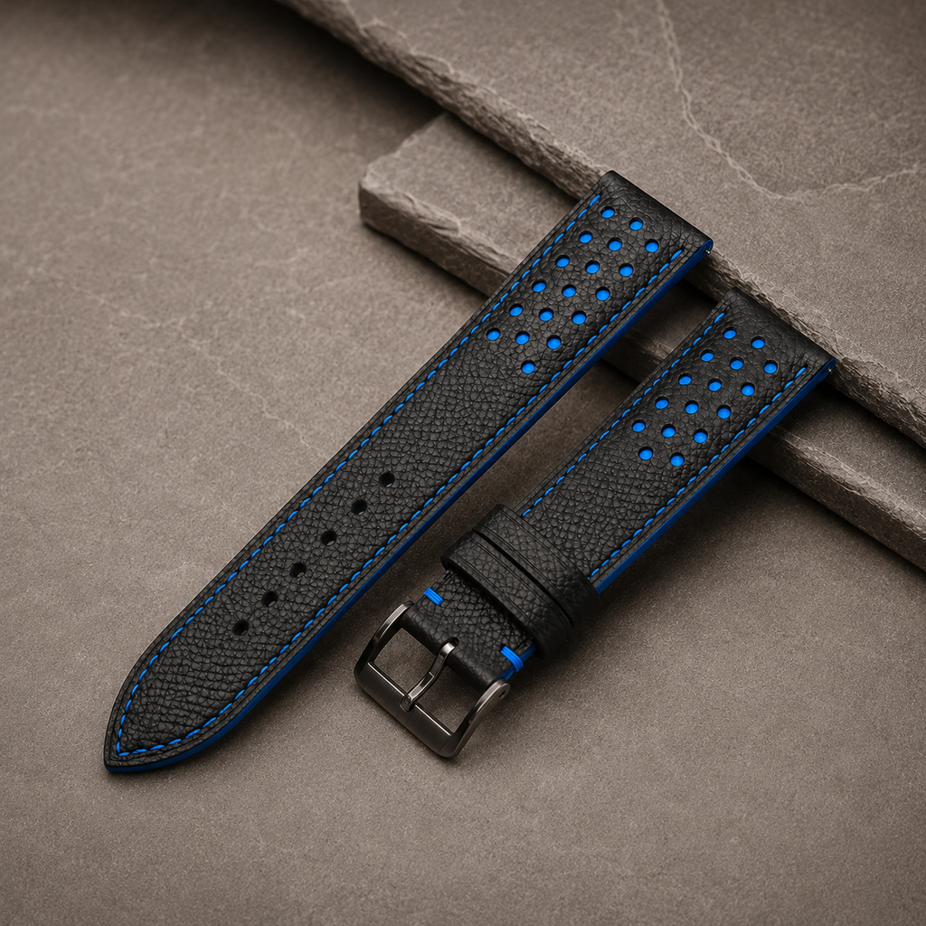 Padded Black Blue Racing Holes Rally Epsom Leather Watch Strap