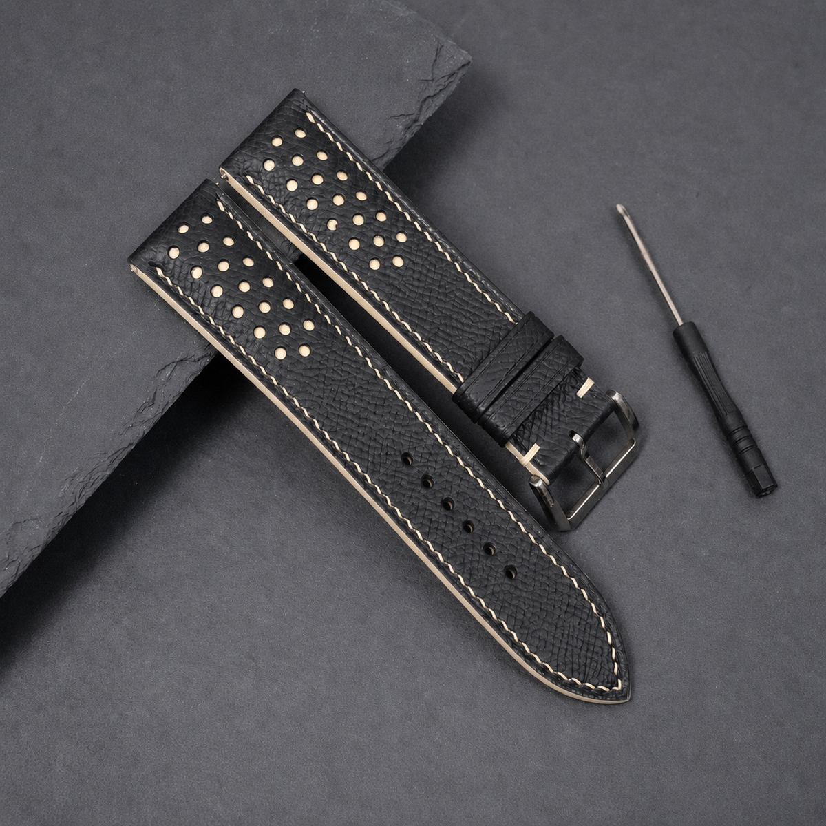 Padded Black Cream Beige Racing Holes Rally Epsom Leather Watch Strap