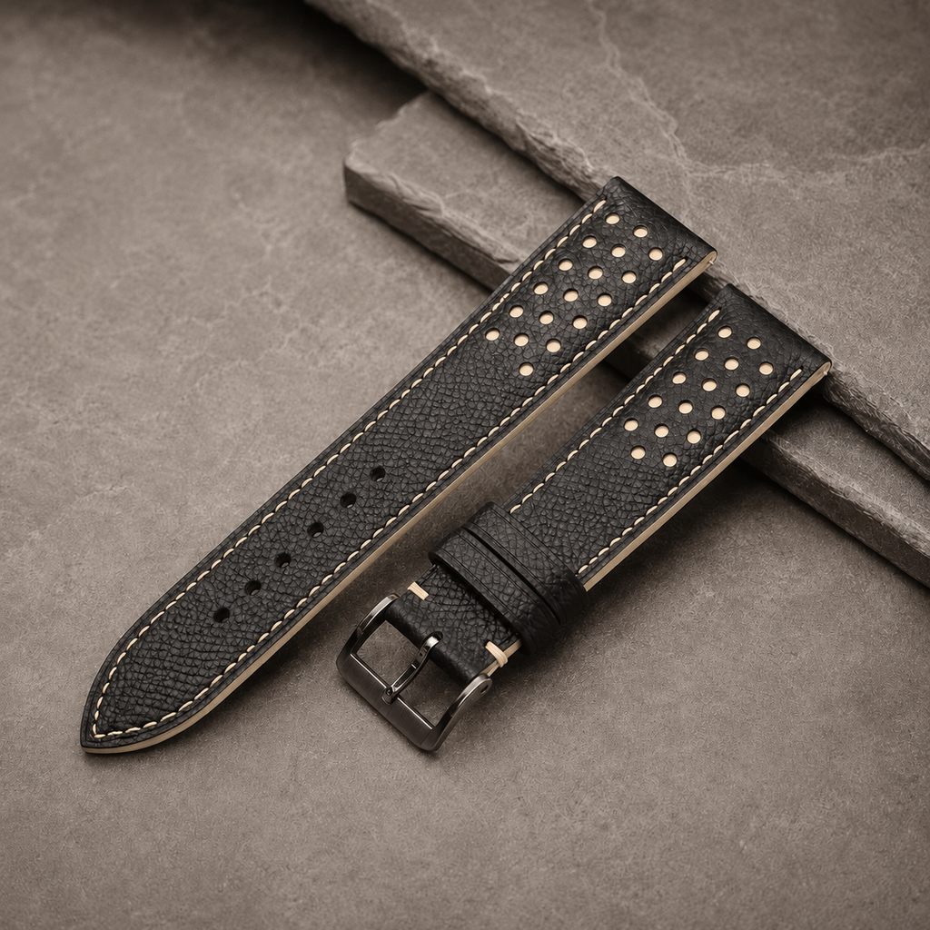 Padded Black Cream Beige Racing Holes Rally Epsom Leather Watch Strap