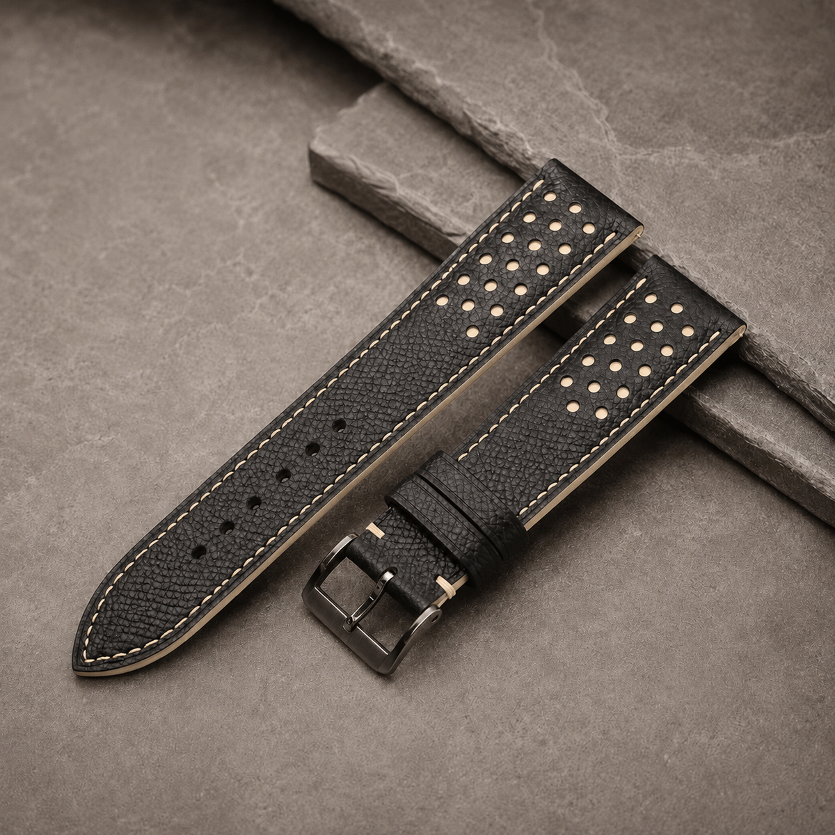 Padded Black Cream Beige Racing Holes Rally Epsom Leather Watch Strap