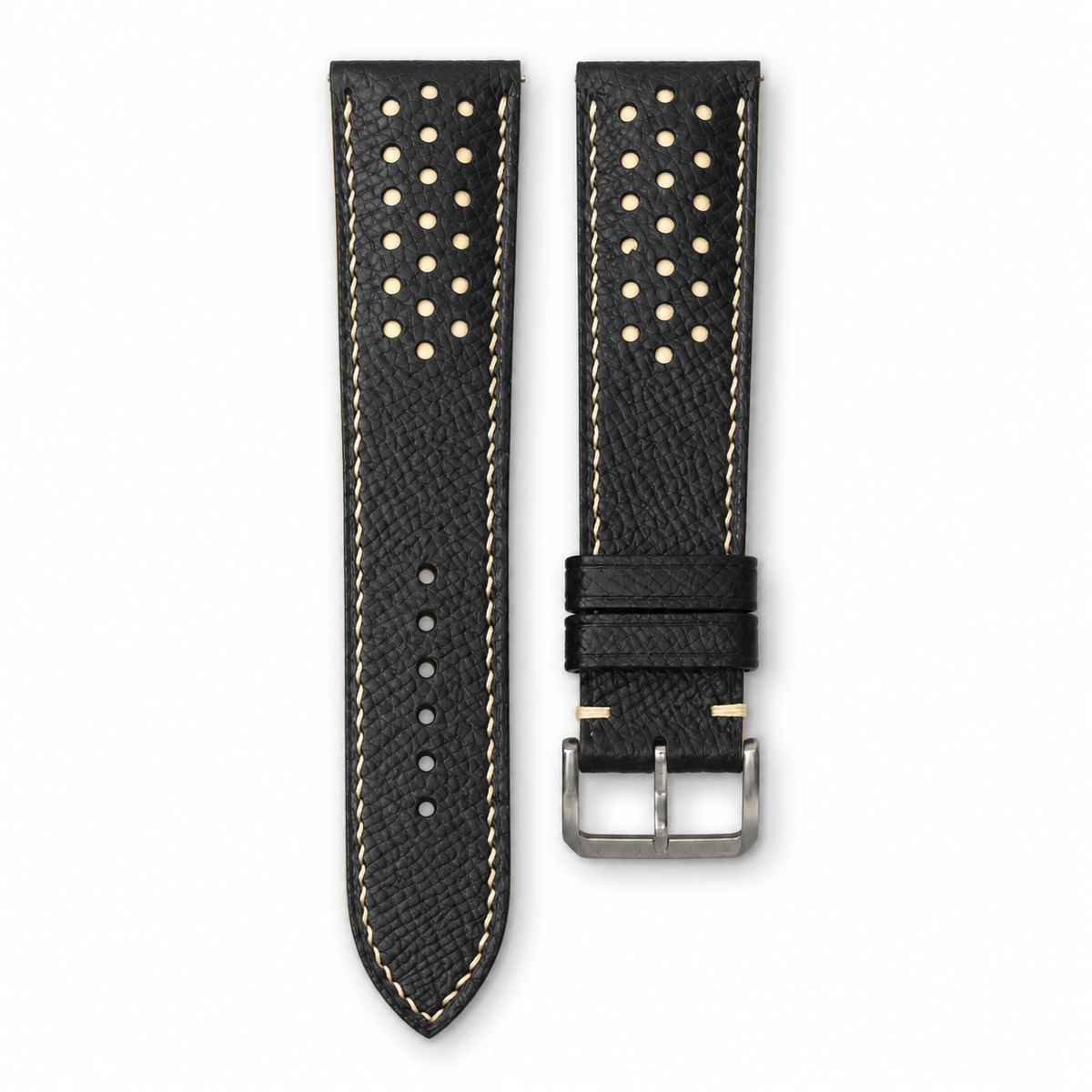 Padded Black Cream Beige Racing Holes Rally Epsom Leather Watch Strap