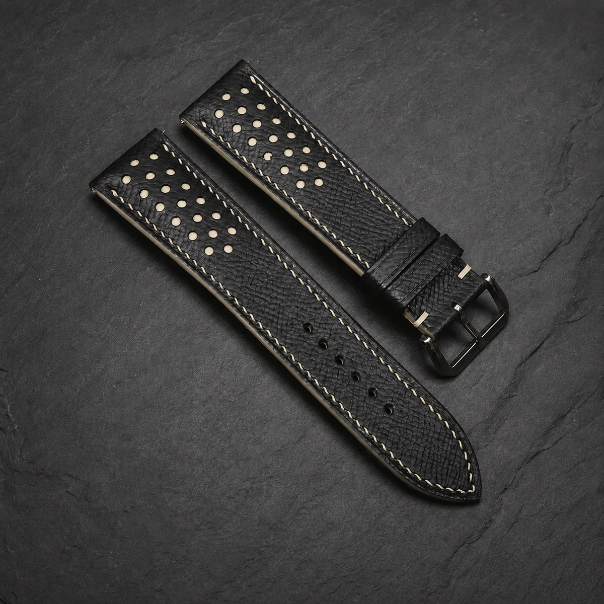 Padded Black Cream Beige Racing Holes Rally Epsom Leather Watch Strap