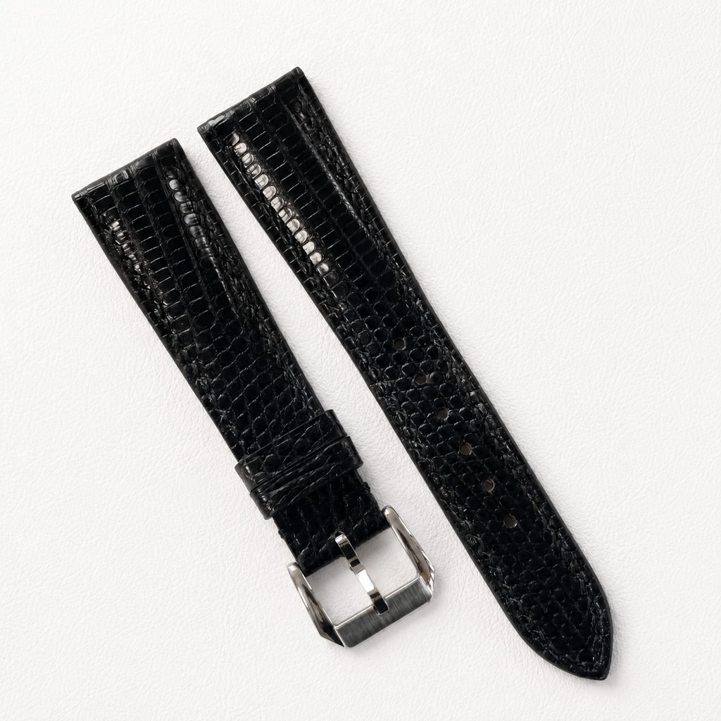 Padded Black Lizard Leather Watch Strap