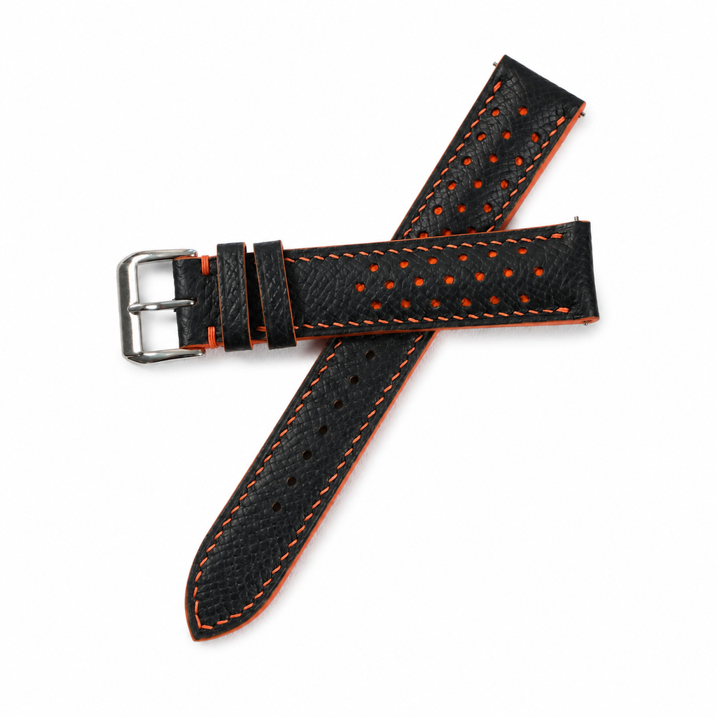Padded Black Orange Racing Holes Rally Epsom Leather Watch Strap