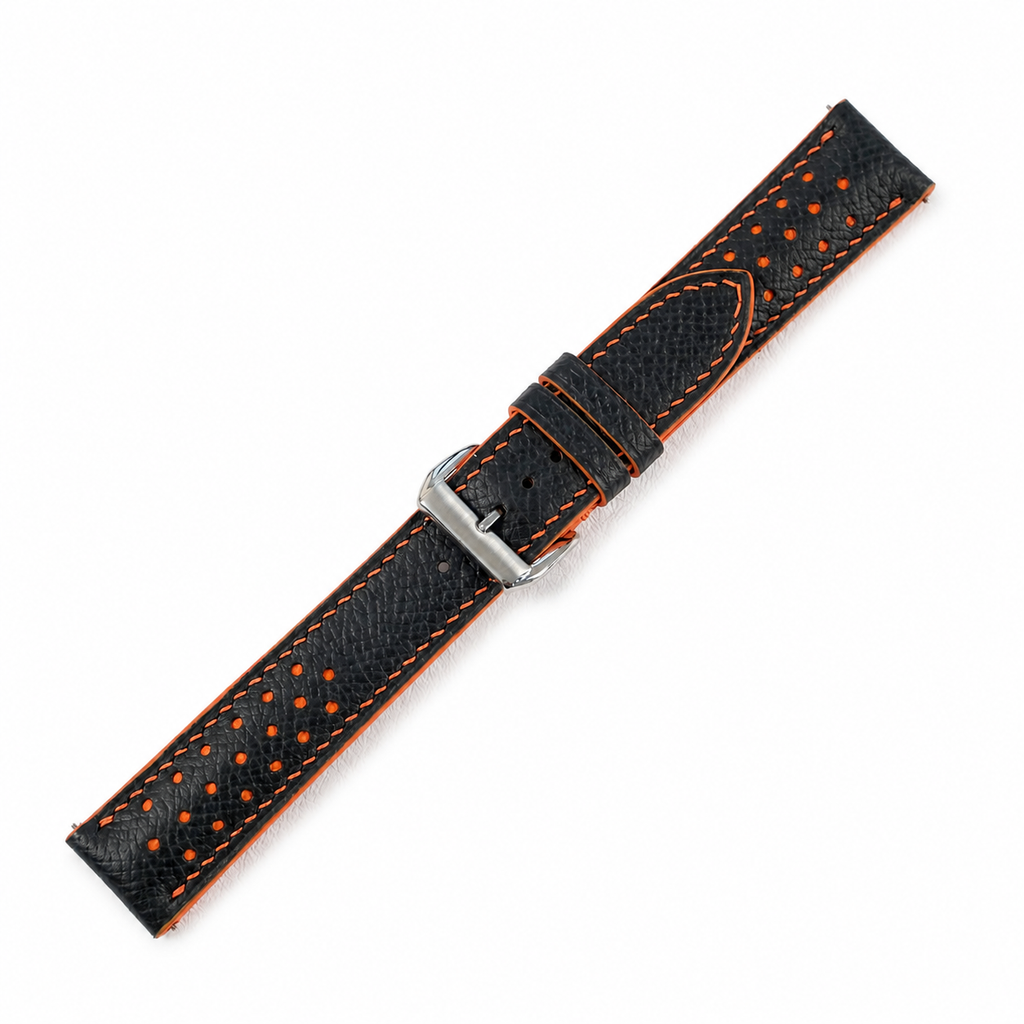 Padded Black Orange Racing Holes Rally Epsom Leather Watch Strap