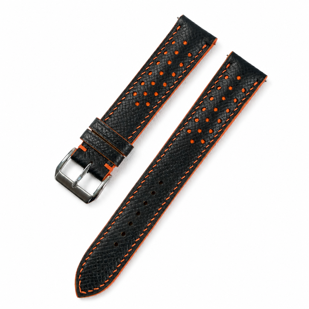 Padded Black Orange Racing Holes Rally Epsom Leather Watch Strap