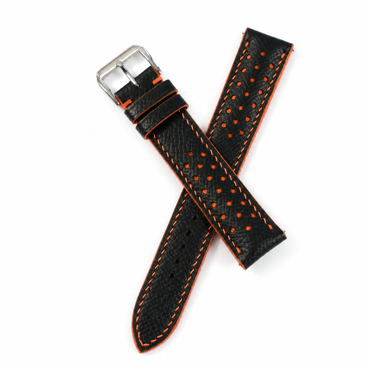 Padded Black Orange Racing Holes Rally Epsom Leather Watch Strap