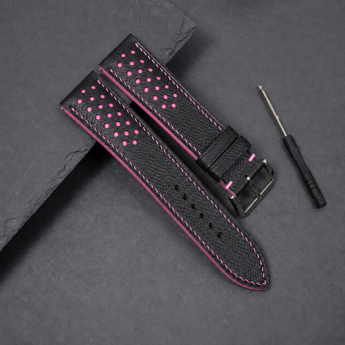 Padded Black Pink Racing Holes Rally Epsom Leather Watch Strap