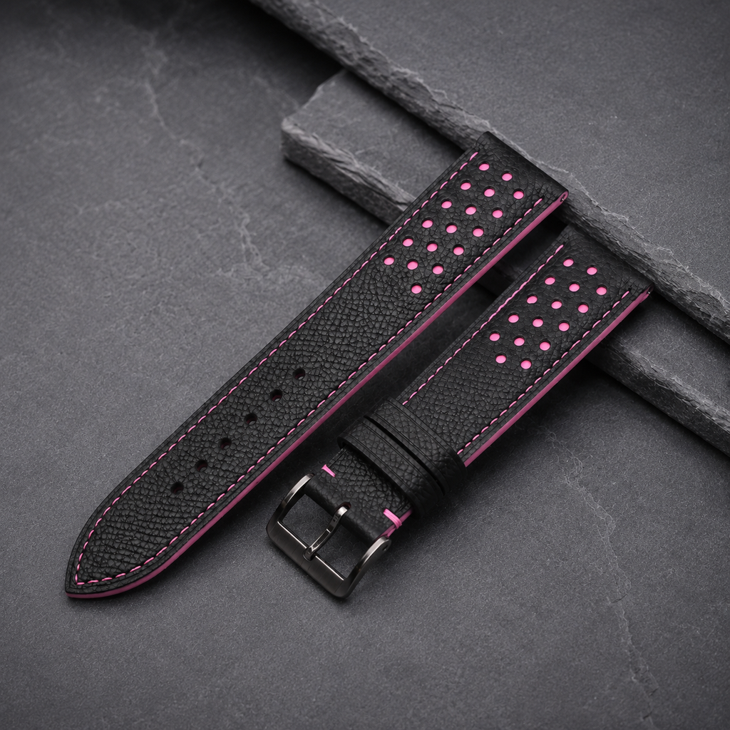 Padded Black Pink Racing Holes Rally Epsom Leather Watch Strap