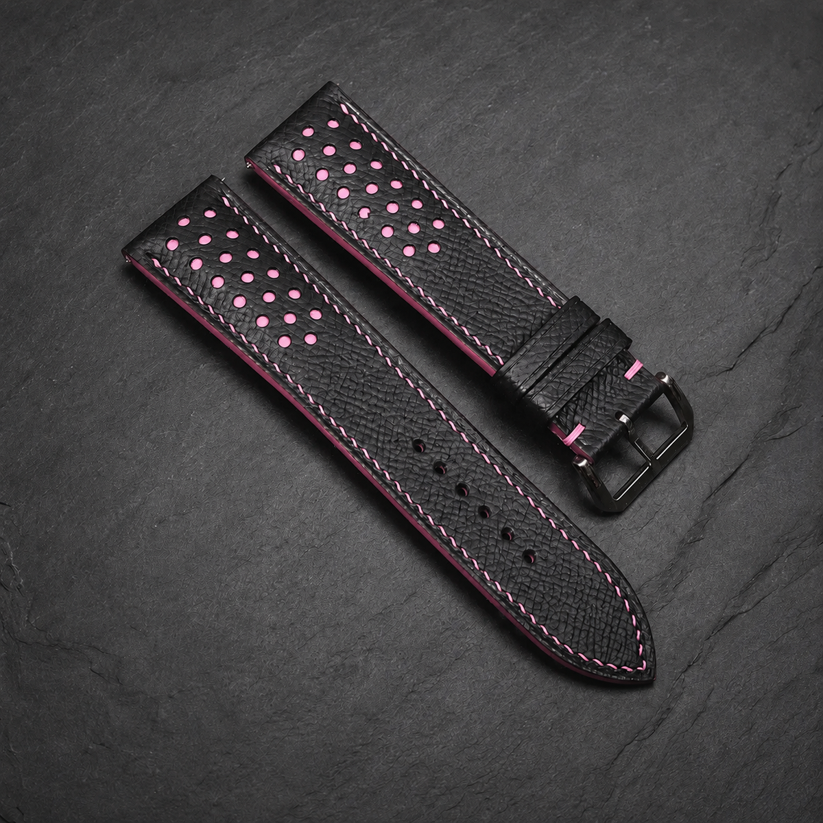 Padded Black Pink Racing Holes Rally Epsom Leather Watch Strap