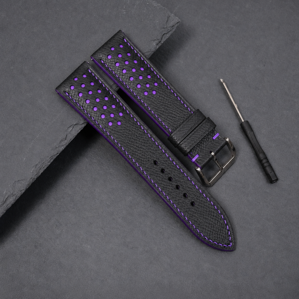 Padded Black Purple Racing Holes Rally Epsom Leather Watch Strap