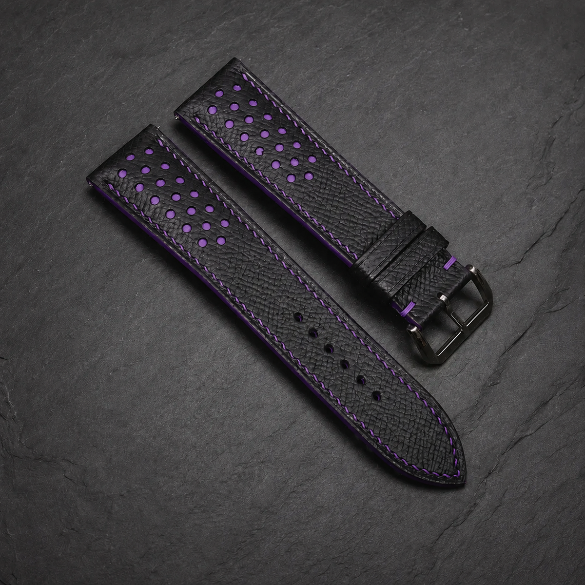 Padded Black Purple Racing Holes Rally Epsom Leather Watch Strap