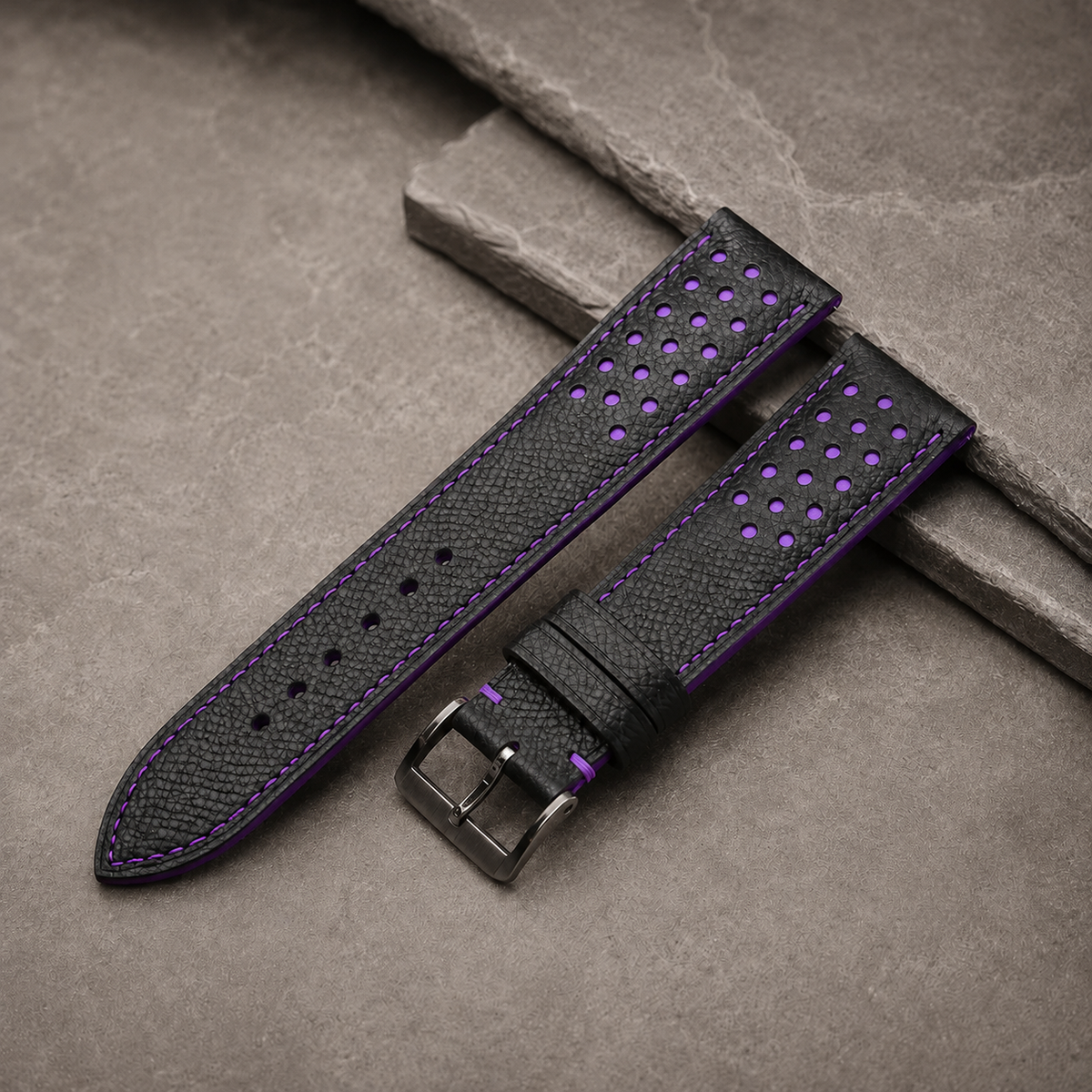 Padded Black Purple Racing Holes Rally Epsom Leather Watch Strap