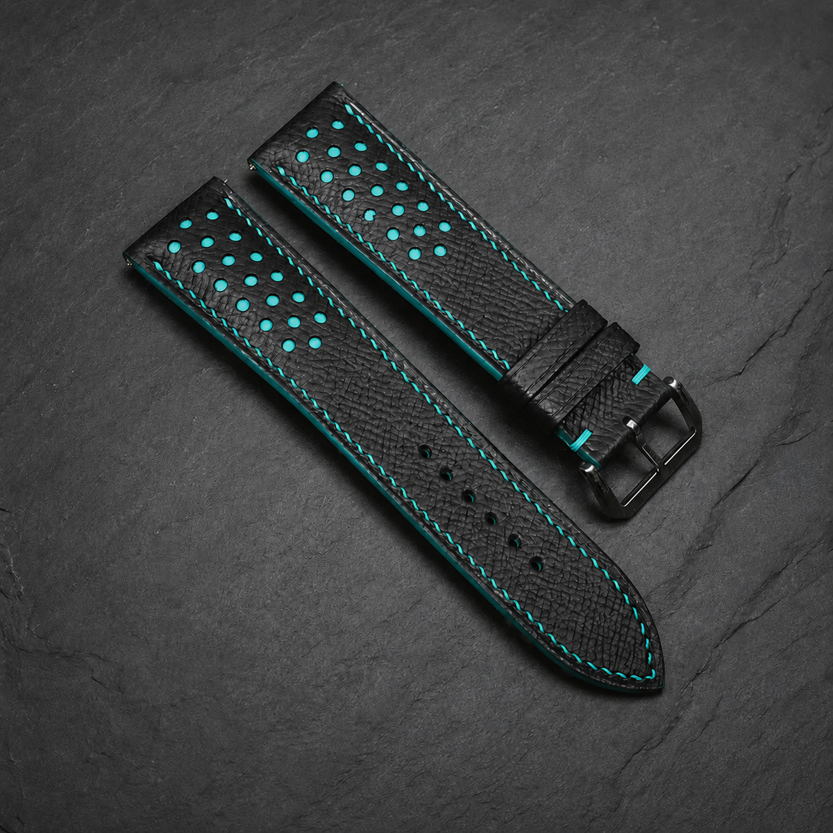 Padded Black Turquoise Racing Holes Rally Epsom Leather Watch Strap