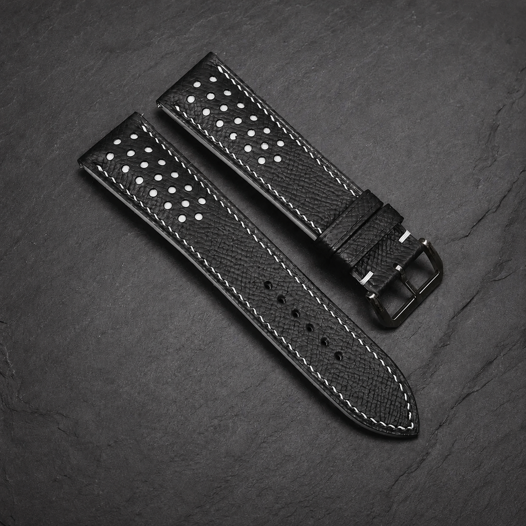 Padded Black White Racing Holes Rally Epsom Leather Watch Strap