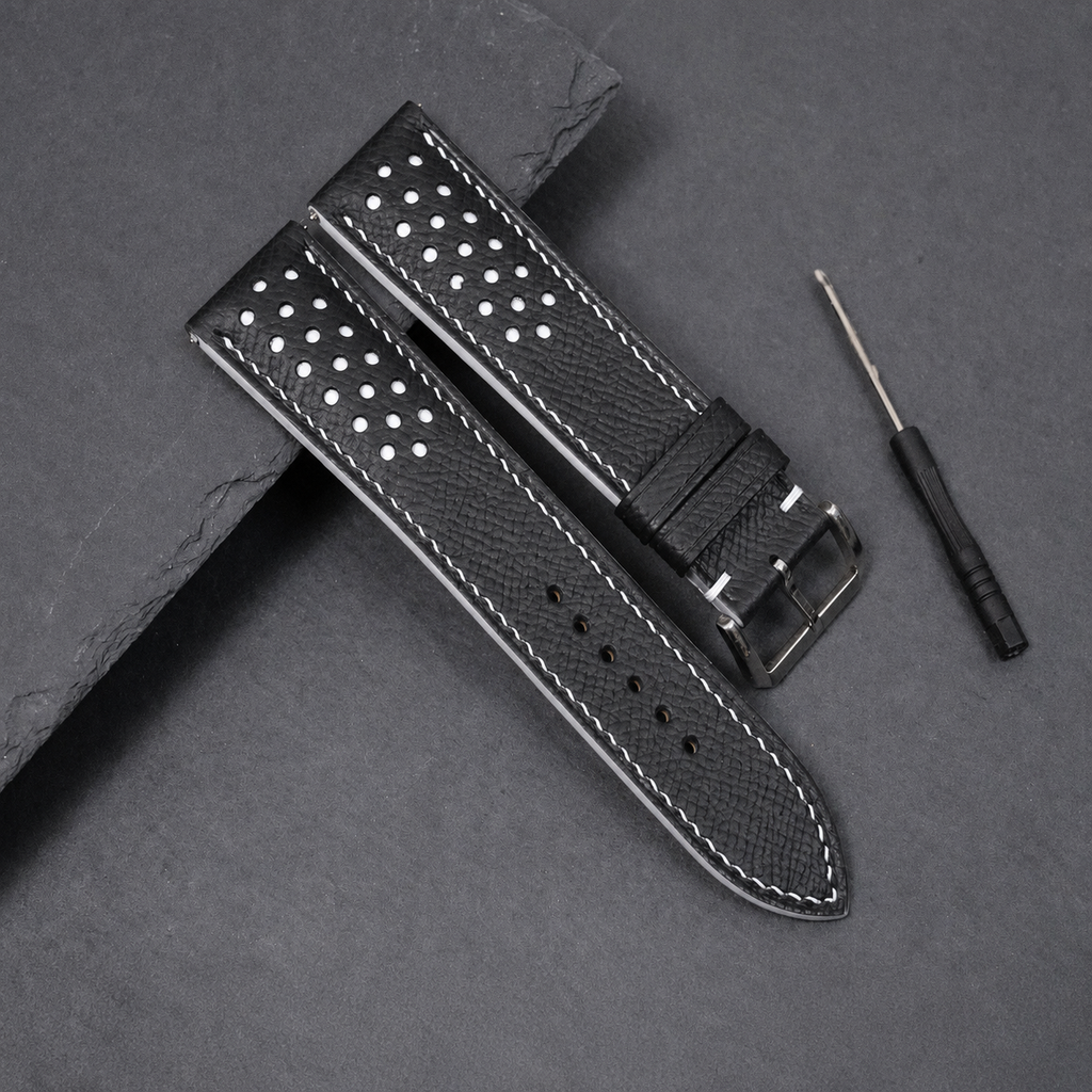 Padded Black White Racing Holes Rally Epsom Leather Watch Strap
