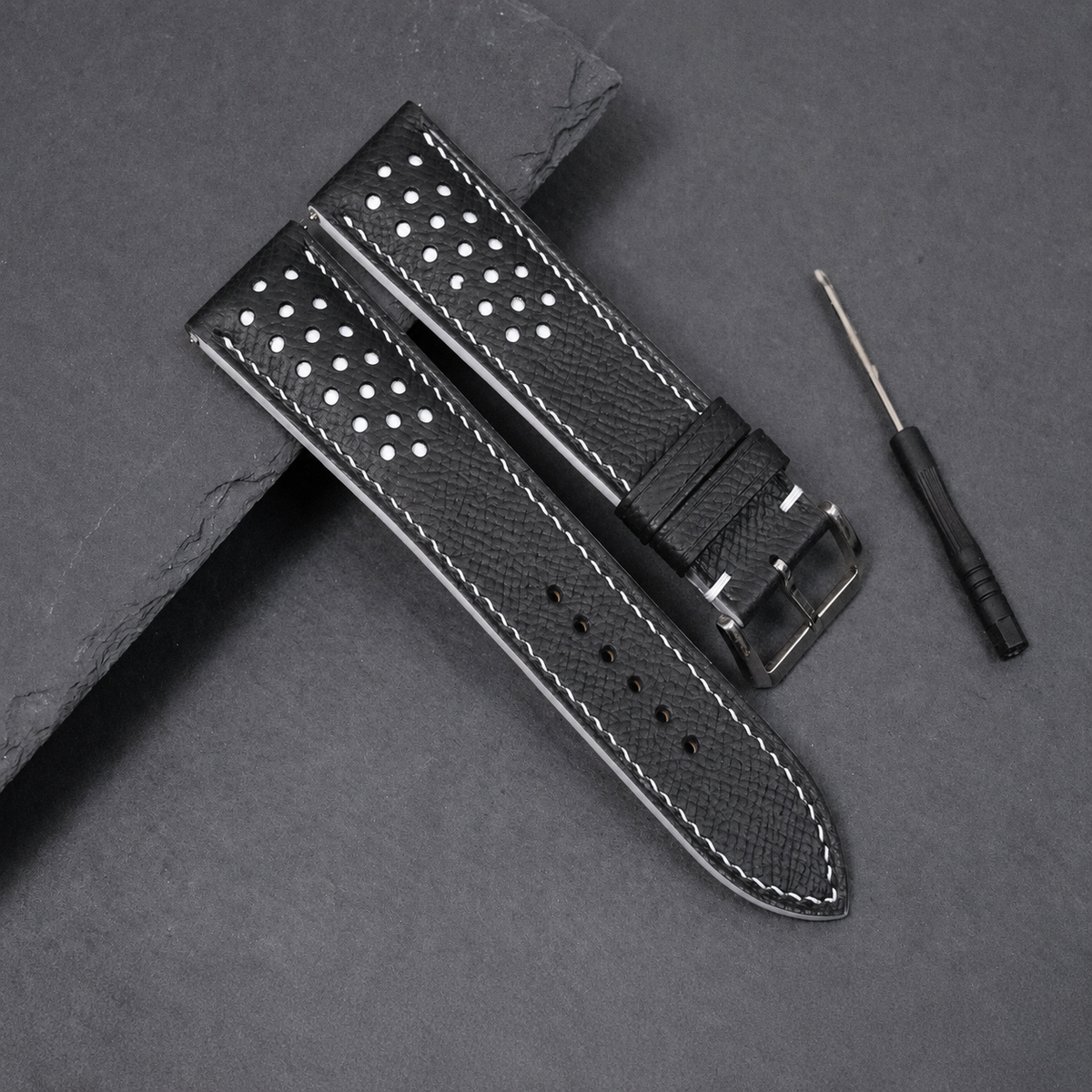 Padded Black White Racing Holes Rally Epsom Leather Watch Strap