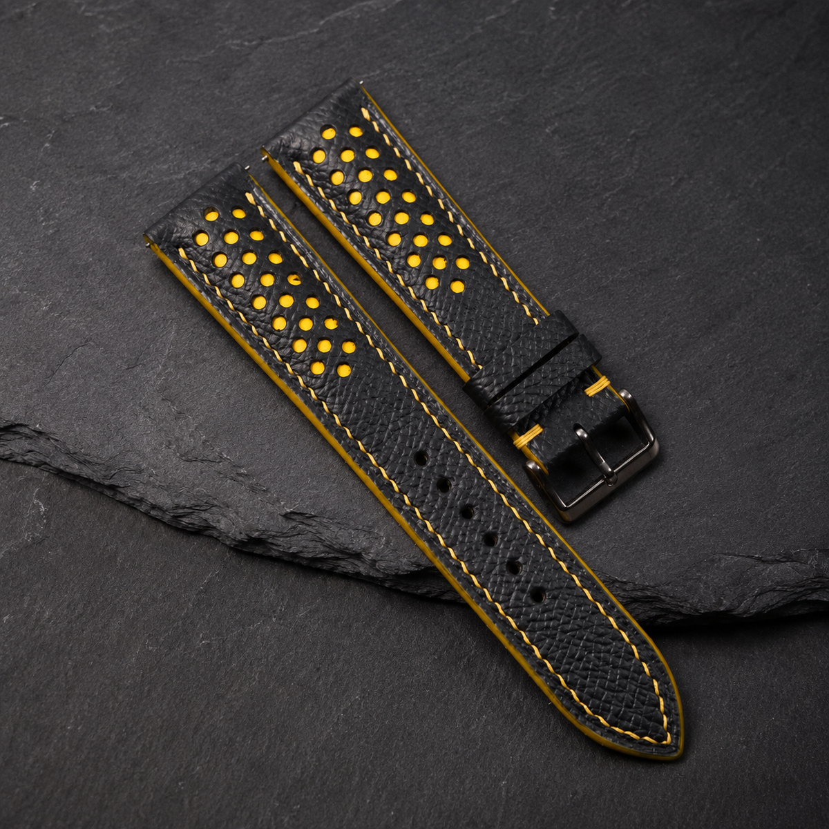 Padded Black Yellow Racing Holes Rally Epsom Leather Watch Strap