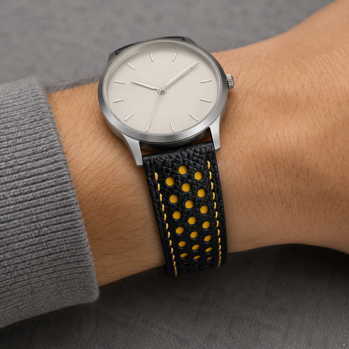 Padded Black Yellow Racing Holes Rally Epsom Leather Watch Strap