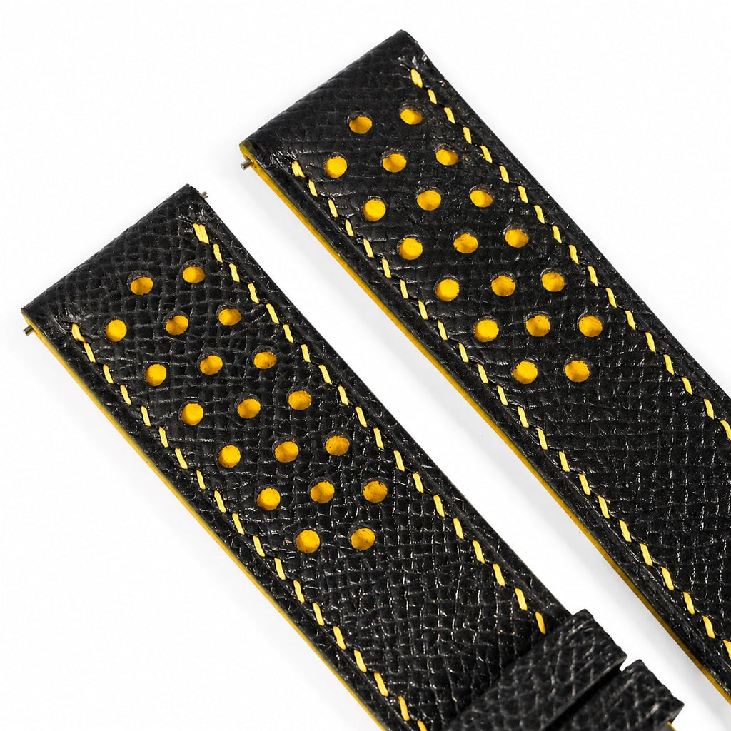 Padded Black Yellow Racing Holes Rally Epsom Leather Watch Strap